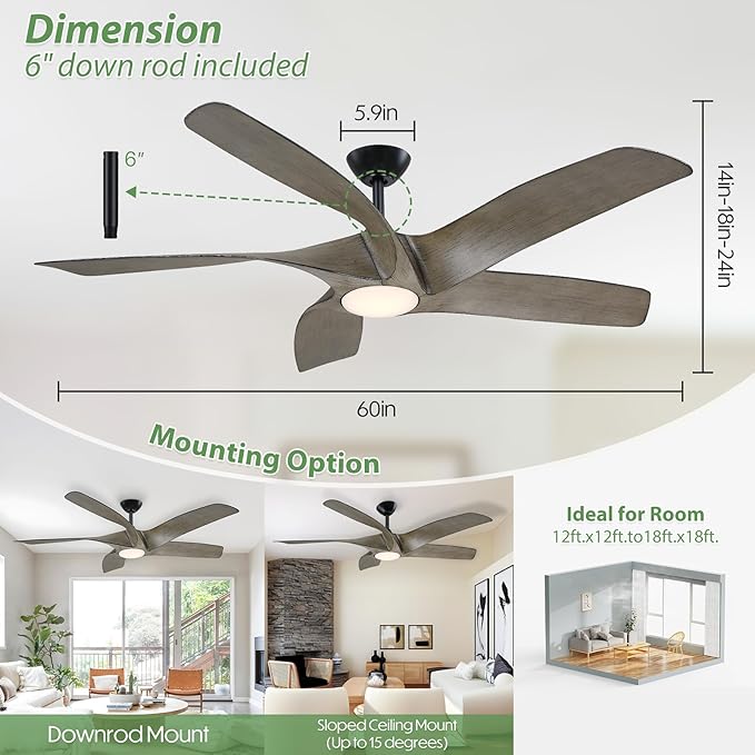 60 inch Wood Ceiling Fans with Lights and Remote,5 Blades Large Walnut Ceiling Fan, Outdoor Ceiling Fanwith 6 Speeds,Reversible DC Motor, Timer for Living Room, Farmhouse, Patio(Grey Oak)