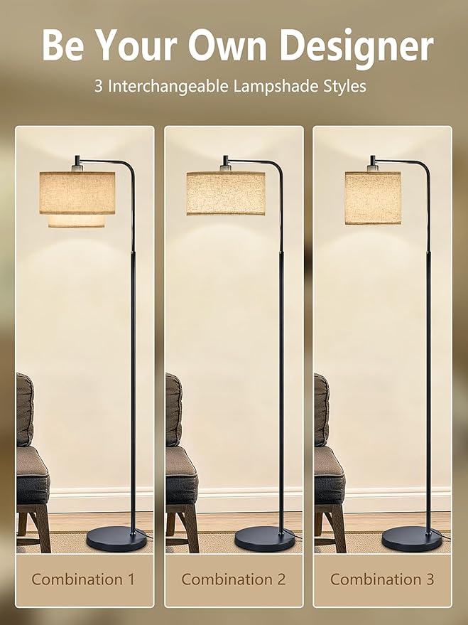 64" Modern Floor Lamp for Living Room Bedroom, Arc Floor Lamp with 3 Color Temperatures, Standing Lamp with Double Oatmeal Linen Lampshade, Tall Lamp with A19 12W LED Bulb, Foot Switch Control, Black