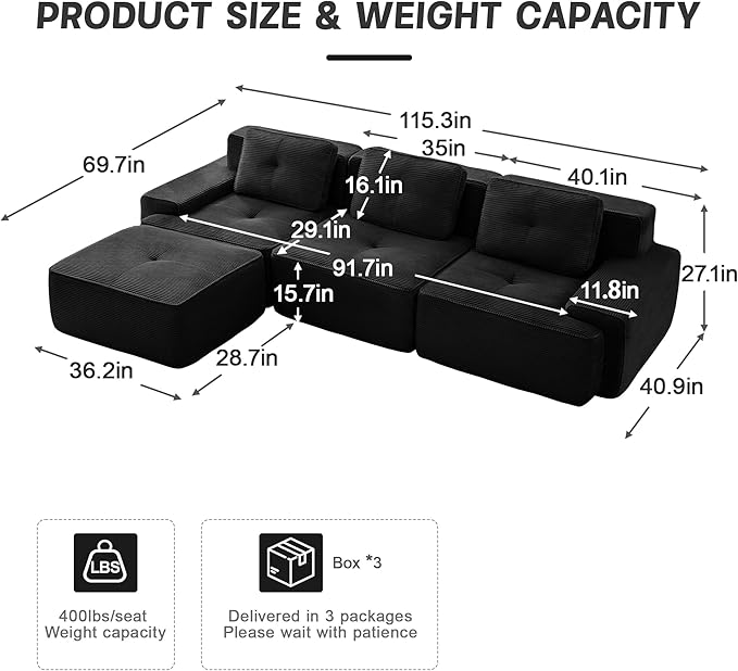 115.3'' Sectional Sofa, 32D Foam Corduroy Boneless Couch with Pillow, Deep Seat Wide Arm Sectional L Shaped Couch for Living Room, Apartment, Bedroom