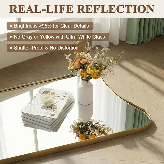 ANDY STAR 24" x 65" Full Length Mirror, Brushed Gold Floor Mirror with Premiun Stainless Steel Thin Frame, Antique Italian Curved Design, Wall Mountable or Leaning for Bedroom, Living Room, Cloakroom