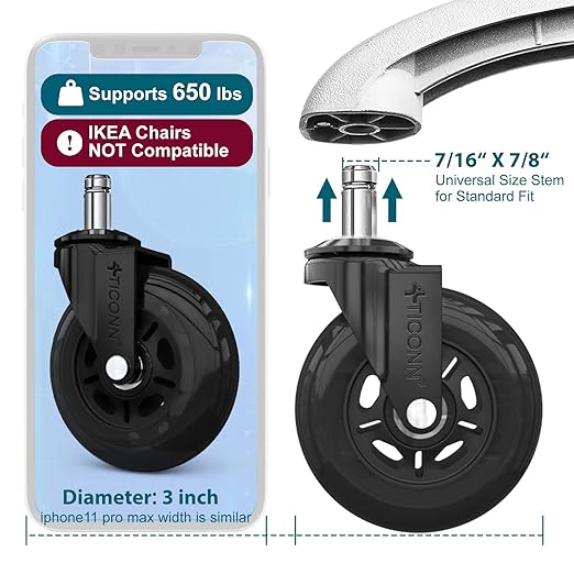 TICONN Office Chair Caster Wheels Set of 5 for Tile, Hardwood Floors and Carpets, Universal Fit for Most Chairs (Black)