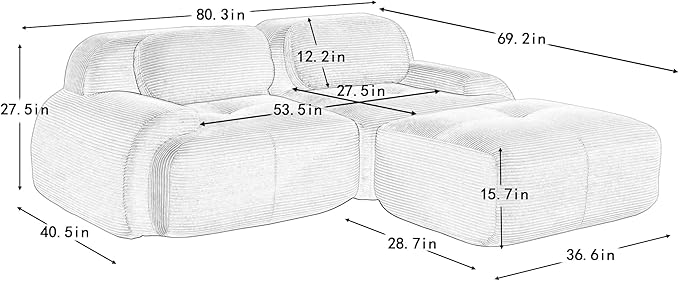 80" Modern Corduroy Boneless Love Seat Couches with 1 Ottoman, 2 Seater Large Sectional Couches for Living Room, Pink Cloud Modular Sectional Sofa, Memory Foam, Extra Deep Loveseat, No Assembly