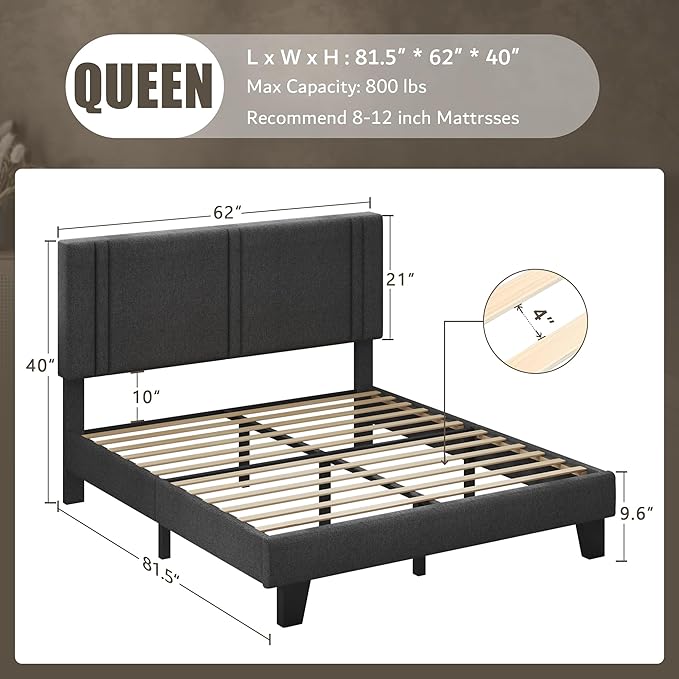 iPormis Queen Platform Bed Frame with Fabric Upholstered Headboard & Thickened Legs, Mattress Foundation w/Solid Wooden Slats Support, Noise Free, No Box Spring Needed, Dark Grey