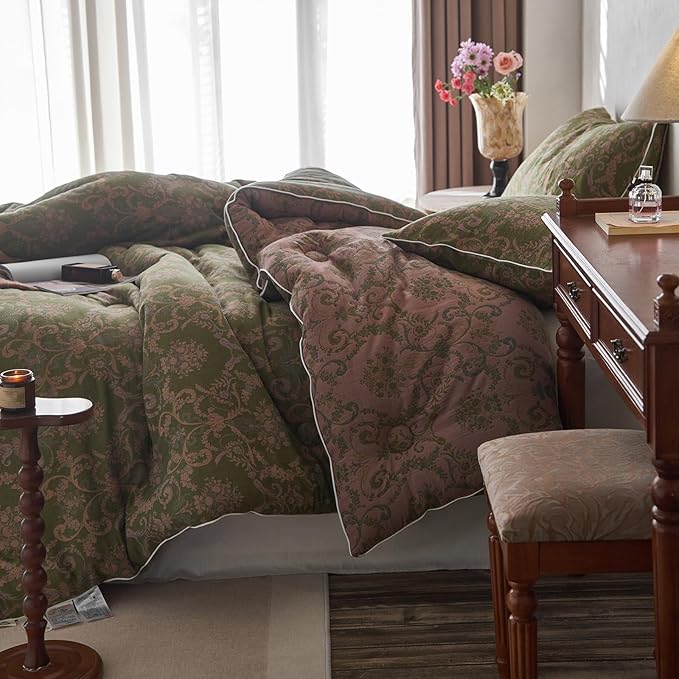 EAVD Paisley Floral Comforter Set Full Soft 100% Muslin Cotton Boho Green Bedding Set with 2 Pillowcases Vintage Floral Botanical Comforter Set for All-Season