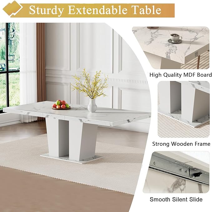 Goujxcy 5-Piece Extendable Dining Table Set for 4-8 People 63-78 Inch Kitchen Table Set with 4 Grey Upholstered Chairs Modern White Faux Marble Rectangular Dining Room Table Set for Kitchen Apartment