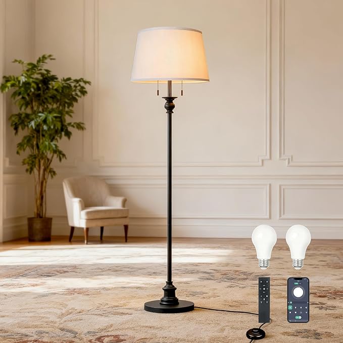 Standing Lamp, Living Room Lamp with Remote, Dimmable Floor Lamp with APP Control, 3 Color Temperatures, Stepless dimming, Farmhouse Floor Lamps for Bedroom, 2 Bulbs(Included)