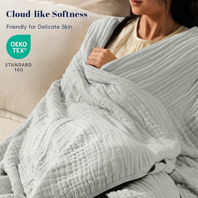 PHF Cooling Muslin Blanket Queen Size 90"x80", 6-Layer Lightweight Gauze Blanket Made from 35% Rayon Derived from Bamboo & 65% Cotton, Breathable & Ultra Soft Cozy, Aesthetic Home Decor, Harbor Mist