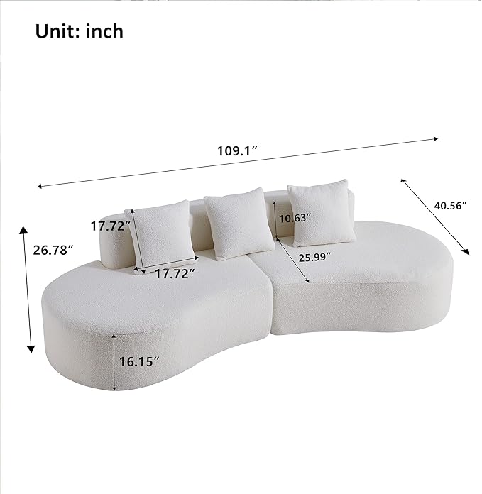109'' Curved Couch, Mid Century Modern Half Moon Sofa, Luxury 3-Seat Couch with High-Density Foam Filled, Raindrop Velvet Fabric Sectional Sofa for Living Room, Apartment, Office, White