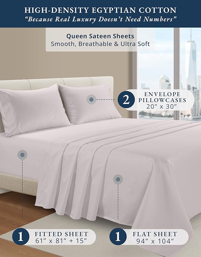 LANE LINEN 100% Egyptian Cotton Bed Sheets Queen Size, Long Staple Soft & Comfy Sateen Weave No Pill Fade Resistant Queen Size Bedding Set, Machine wash 15'' Deep Pocket Queen Sheets - Gray Lilac