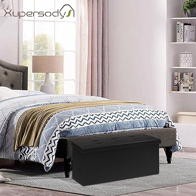 30 Inches Folding Storage Ottoman Bench, Faux Leather Footstool Ottoman, Storage Trunk Footrest for Bedroom, Living Room and Hallway, Support 350lbs, Black（Black line）
