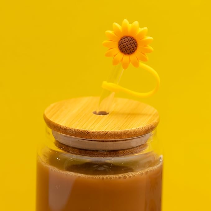 Sunflower Gifts for Women - Glass Tumbler with Lid and Straw, Customized Straw Stopper and Cup Sleeve. Aesthetic Unique Design Iced Coffee Gift Cup for Mom, Teacher, Friend