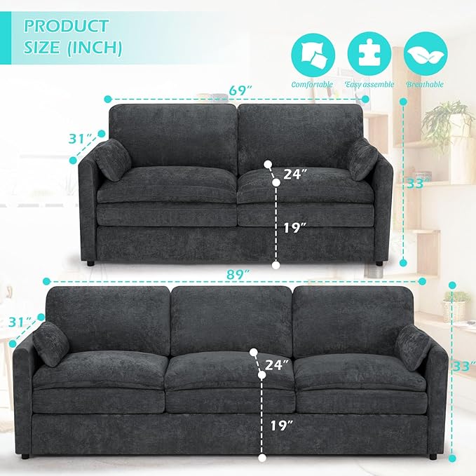 2 Pieces Chenille Sofa Set w/Throw Pillows, Upholstered Loveseat & 3 Seater Sofa w/Comfortable Back Cushions, Modern 2-Seat & 3-Seat w/High-Density Foam for Living Room, Apartment, Grey