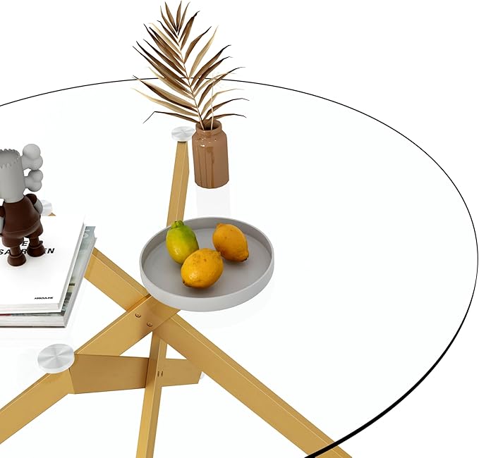 47.25" Round Dining Table for 6, Modern Clear Glass Kitchen Table for 6 with Gold X Metal Legs, Contemporary Small Circle Dining Room Leisure Tables for Kitchen Apartment