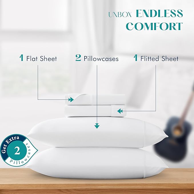 XOOX Linen 100% Egyptian Cotton Queen Sheet Set - Luxury 1200 High Thread Count Egyptian Cotton Sheets Queen Size (4 PC, White), Silky Soft, Cooling, 17" Deep Pocket Sateen Weave Hotel Bedding
