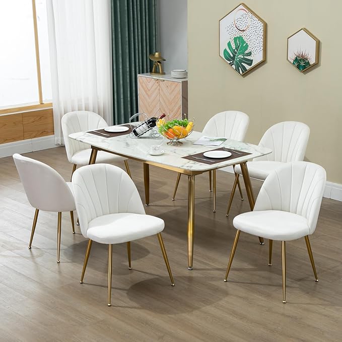 Velvet Dining Chairs Set of 6, Mid-Century Modern Upholstered Kitchen Chair with Metal Gold Legs for Living Room, Dining Room, White