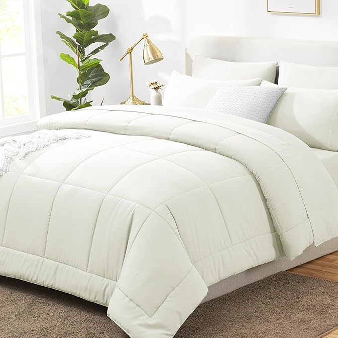 CozyLux Queen Size Comforter Set Ivory - 7 Pieces Bed in a Bag, Cream Off White Comforter Queen Size, Bedding Sets with All Season Quilted Comforter, Flat Sheet, Fitted Sheet, Pillowcases