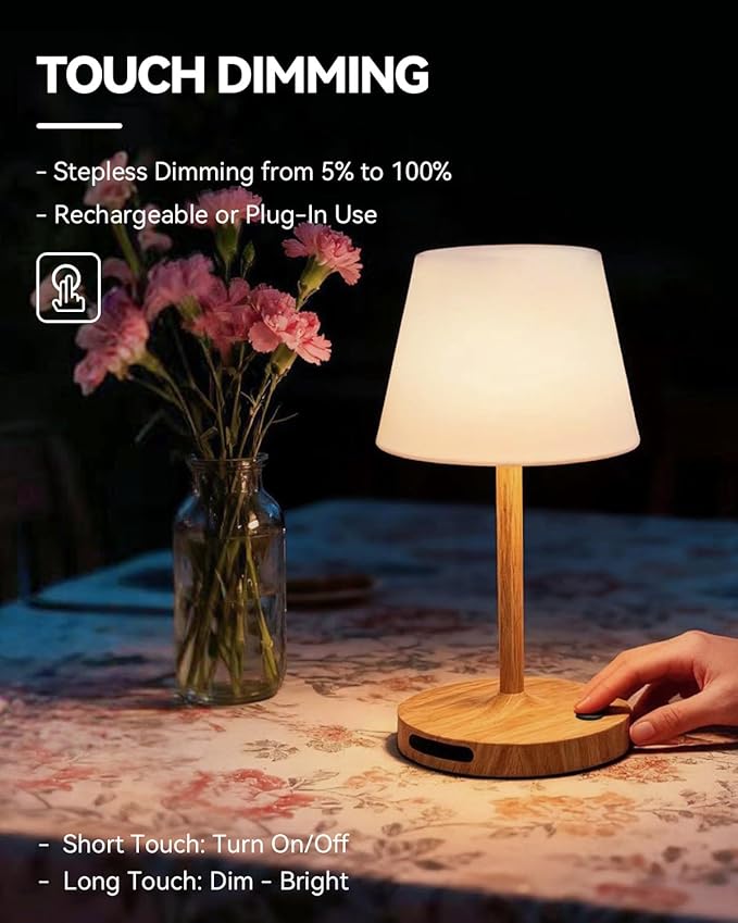 Outdoor Waterproof Shower Lamp, 5200mAh Cordless Rechargeable Table Lamp with Touch Dimming, IP65 Wireless LED Night Light for Patio, Camping, Bathroom, Restaurant & Kitchen (Wood Grain)