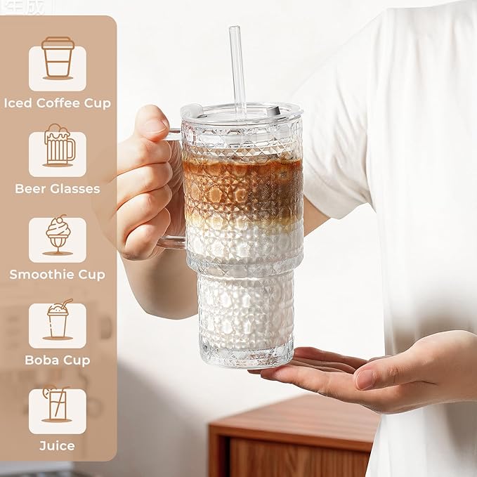 17oz Water Glass Tumbler with Handle & Lid Coasters, Reusable Iced Coffee Cups with Straws – Set of 2, Glass Cups for Smoothies, Juice, Coffee, Tea