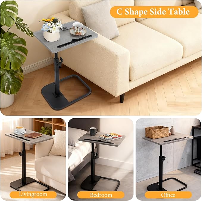 jessie Tv Tray Table, Adjustable Tray Table for Couch 360° Swivel C Shaped End Table with Phone Tablet Slot for Living Room, Sofa, Bedside, Bathroom (Gray)