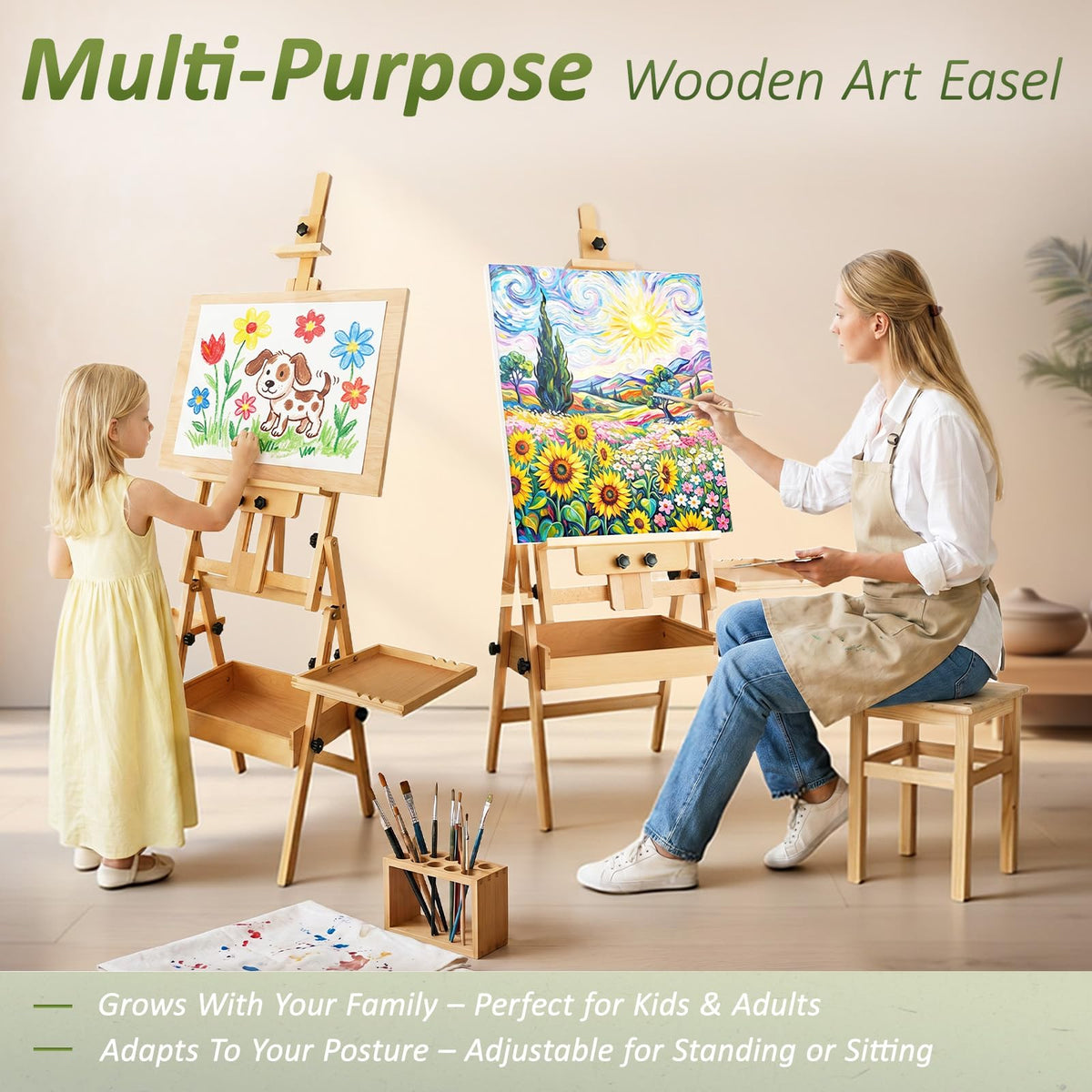 Multi-Function Beech Wood Art Easel for Painting, Flat Desk Easel Stand