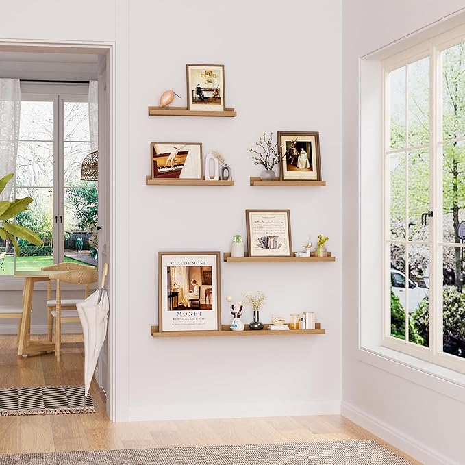Heimlove Floating Shelves Set of 6, 24" Wall Mounted Picture Ledge, Display Shelf Organizer for Decor Storage, Wall Mounted Shelves for Living Room, Bedroom, Bathroom, Kitchen (Oak)