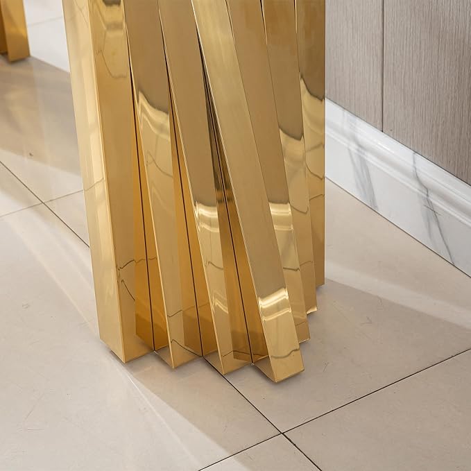 Goujxcy Modern Glass Console Table 55" Gold Entryway Table with Tempered Glass Top and Mirror Finish Stainless Steel Legs, Luxury Rectangular Sofa Table for Living Room Hallway Corridor Table (Gold)