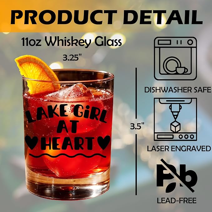 Lake Lovers Gifts Old Fashioned Whiskey Glasses, Lake Gifts for Women, Lakes Girl at Heart 10 oz Rocks Barware Cup for Cocktail Drinks Scotch Bourbon Liquor
