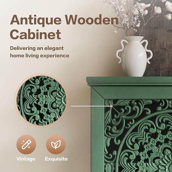 Rustic 55'' Tall Storage Cabinet with 2 Hollow-Carved Doors a Drawer, Wood Accent Cabinet with Solid Wood Legs for Living Room, Hallway, Dining Room (Antique Green-T)