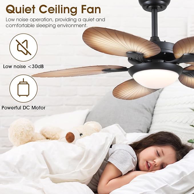Tropical Ceiling Fans with Lights and Remote/APP Control, 44 Inch Palm Leaf Ceiling Fan with LED Lights, Outdoor Ceiling Fans for Patios Porch, Reversible Quiet Motor, Dimmable, Wood Grain