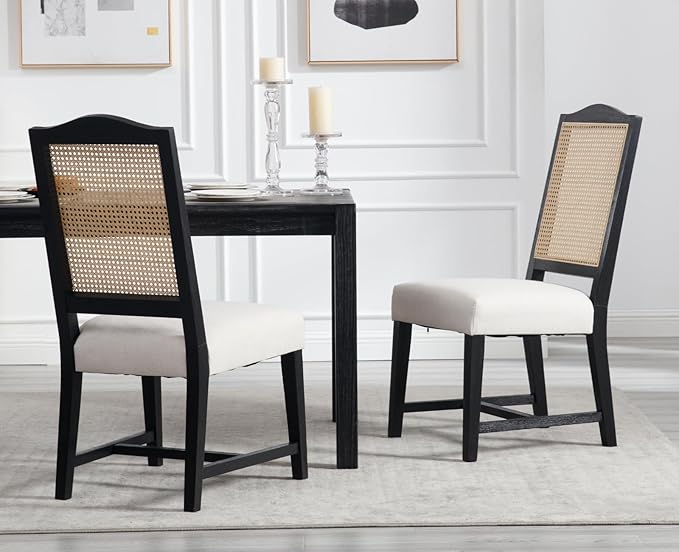 EALSON Rattan Dining Chairs Set of 2 Linen Upholstered Dining Room Chairs with Cane Back Mid Century Modern Kitchen Chairs Black Wood Frame Side Chair for Dining Room, Beige