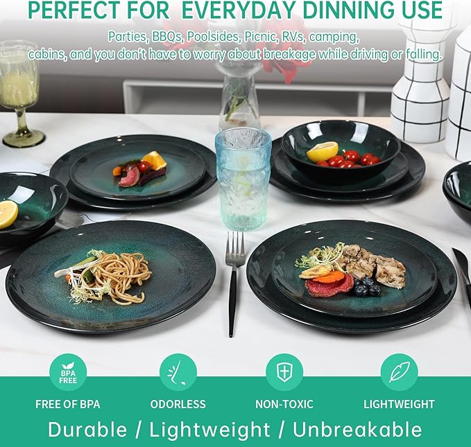 Melamine Dinnerware Set, 12pcs Plates and Bowls Set, Green Dinner Dishes Set for Indoor and Outdoor, BPA-Free, Dishwasher Safe（Green）