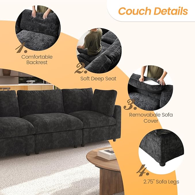 JACH 3-Seater Sectional Couches, Deep Seat Convertible Modular Sofas, Cloud Sectional Couch, Sofa Covers Washable, Minimalist Modern Sofa for Living Room, Apartment, Black