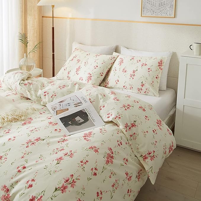 Boho Floral Duvet Cover Twin Soft Cotton Pink Floral Bedding Set Twin Chic Garden Style Cute Flower Pattern Duvet Cover Vintage Floral Botanical Comforter Cover 1 Twin Duvet Cover with 2 Pillowcases