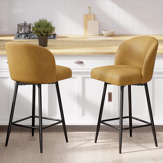 Counter Height Bar Stools Set of 4,360° Swivel Barstools with High Back and Metal Legs,26" Seat Height, Upholstered PU Leather Bar Chairs for Kitchen Island, Dining Room,Cafes,Yellow