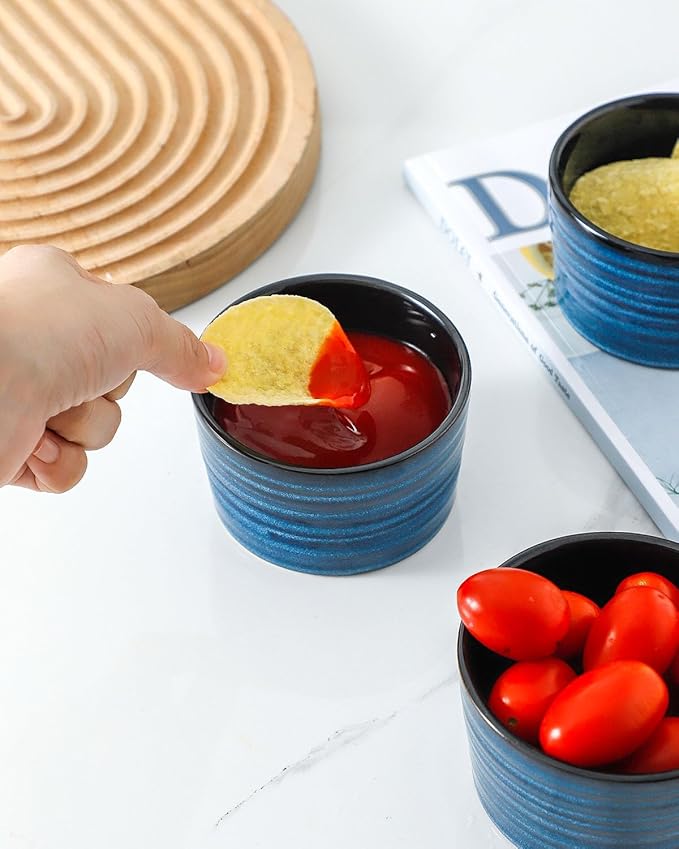 Ramekins 8 oz Oven Safe,Set of 6 Ceramic Souffle Dish Oven Safe for Creme Brulee,Porcelain Creme Custard Cups for Pudding,Creme Brulee,Serving Dip, Custard,Ice Cream,Dishwasher Safe,Blue