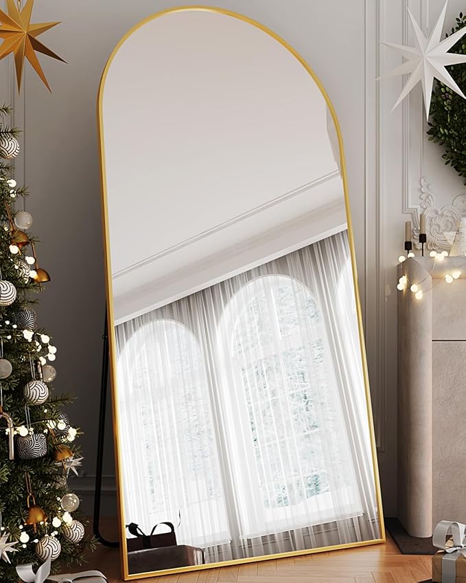 Full Length Mirror, 76"x34" Arched Floor Mirror Freestanding, Floor Standing Full Body Mirror with Stand for Bedroom, Hanging Mounted for Living Room Cloakroom, Gold