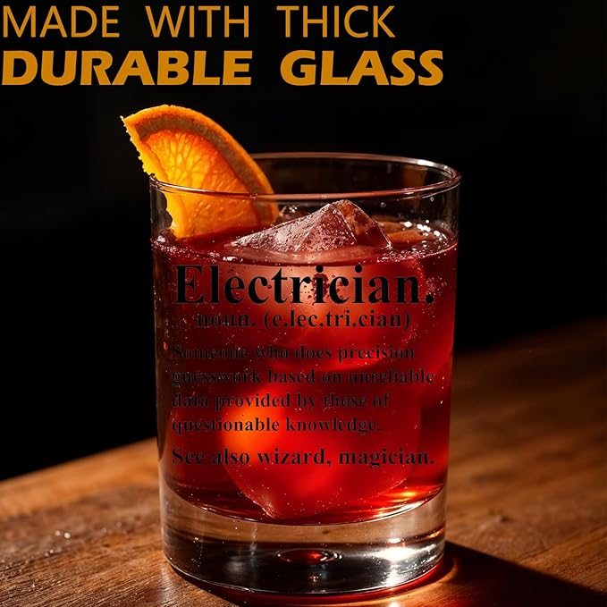 Electrician Gifts Old Fashioned Whiskey Glasses, Engineer Engineering Gifts, Electrician Definition 10 oz Rocks Barware Cup for Cocktail Drinks Scotch Bourbon Liquor