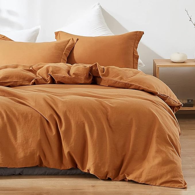 Simple&Opulence French Linen Duvet Cover Set 88" x 92"- 5 Pieces (1 Comforter Cover,4 Pillowcases)- Natural Flax Cotton Blend-Solid Color Breathable Farmhouse Bedding-Rust, Queen