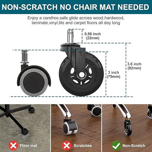 TICONN Office Chair Caster Wheels Set of 5 for Tile, Hardwood Floors and Carpets, Universal Fit for Most Chairs (Black)