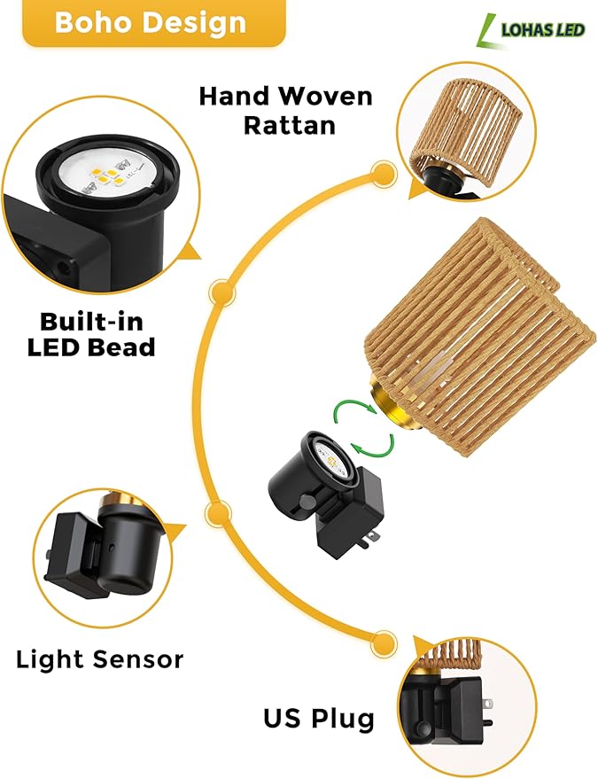 L LOHAS LED Night Lights Plug into Wall, Plug in Night Light, Bohemian Nightlight Dimmable with Light Sensor, 3000K, Boho Nightlights Farmhouse Decorative for Bedside Bedroom Bathroom Hallway, 2 Pack