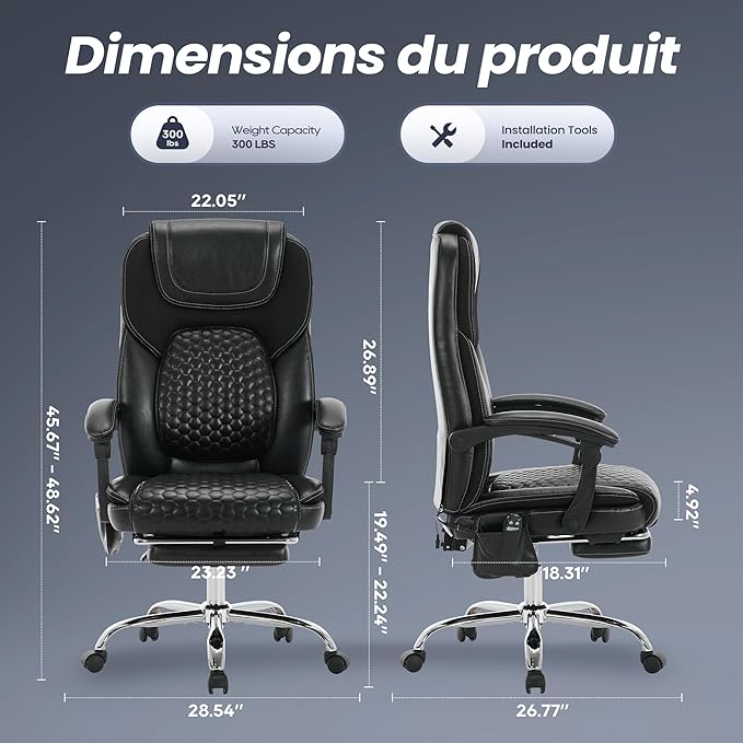 Massage Executive Office Chair 2-Pack with Heat and Footrest, Ergonomic Reclining Leather Desk Chair with Wheels, High-Back Big and Tall Computer Chair for Home Office, Study, Gaming, Black, 300 lbs