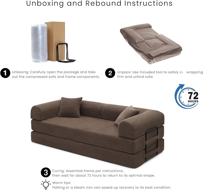 Compression Sofa - 79'' Convertible Sofa Bed, Boneless Couch in a Box, Modular Corduroy Foldable Sleeper Sofa with 2 Pillows, Loveseat Couches for Living Room (Corduroy Fabric, Brown)