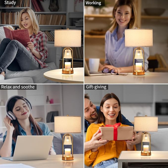 Plug in Gold Candle Warmer Lamp with Timer Dimmable, Wax Melts Candle Warmer with Beige Fabric Shade Lamp, Gold Table Lamp for Bedroom,Mothers, Gifts,Scented Jar, Include 3 Bulb