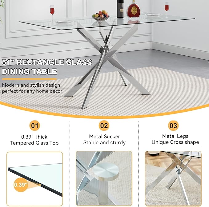 Goujxcy Glass Dining Table Set for 6, Modern Kitchen Table and Chairs Set of 6, 7-Piece Kitchen Dining Room Table Set w/51 Glass Metal Dining Table and 6 Beige Velvet Upholstered Chairs