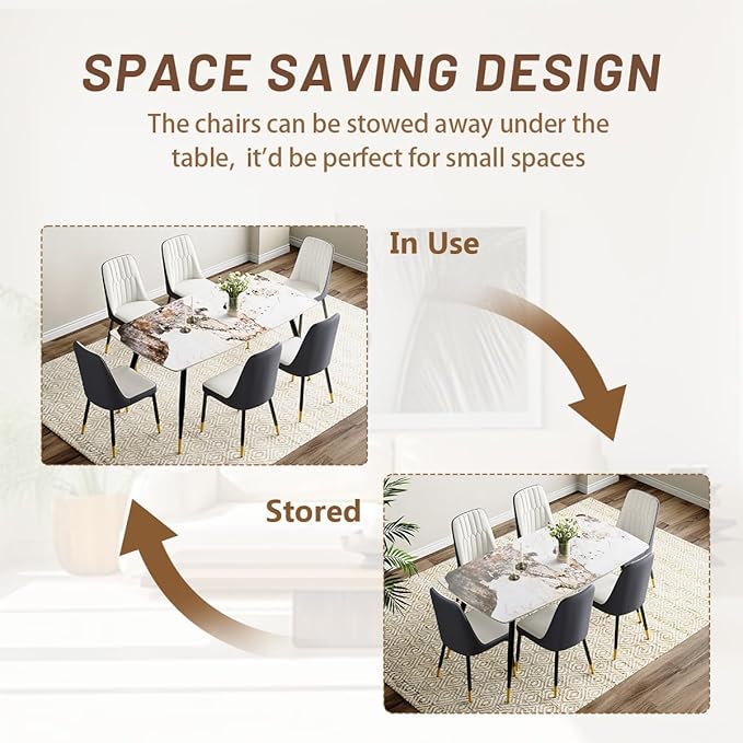6 Person Dining Table Set, Sintered Stone Dining Table Set for 6, Kitchen Table Chairs Set of 6, Easy to Assemble