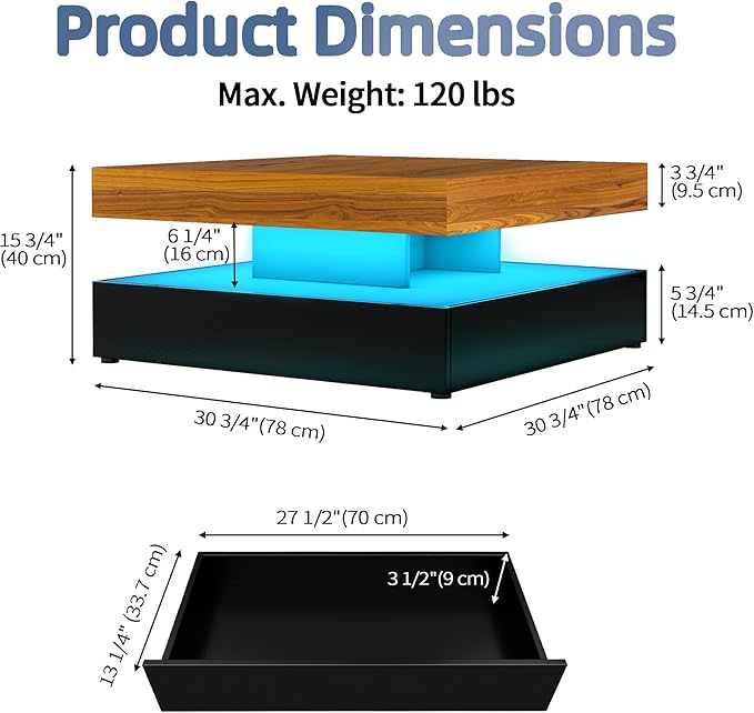 LED Coffee Table for Living Room, 2-Tier Modern Square Center Table with Music Sync Lights, High Gloss Surface, 30 3/4" x 30 3/4" (Rustic Brown+Black)