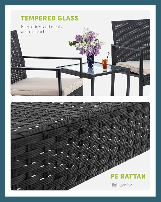 FDW 3 Pieces Outdoor Patio Furniture Wicker Bistro Rattan Chair Conversation Sets for Yard Lawn Balcony Poolside Backyard,Black