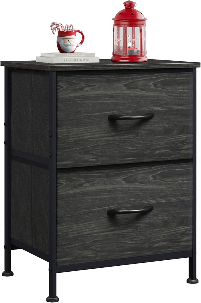 WLIVE Night Stand, Small Dresser with Drawers, Dresser for Bedroom with 2 Fabric Drawer, Black Bedside Table End Table, Dorm Nightstand, Closet Organizer, Charcoal Black Wood Grain Print