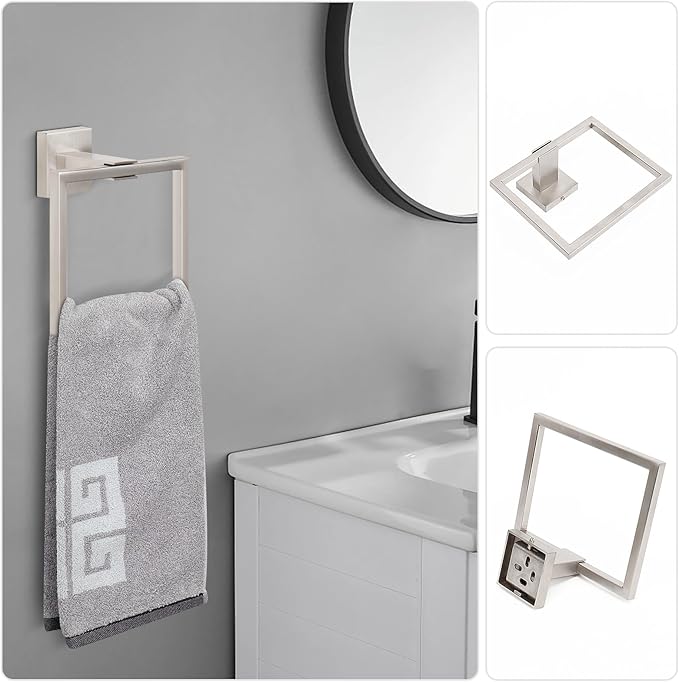 NearMoon 5 Pieces Bathroom Hardware Set 304 Stainless Steel - Square Towel Rack Set Include 16" Towel Rod + Towel Ring + Toilet Paper Holder + 2 Robe Towel Hooks Bathroom Accessories (Brushed Nickel)