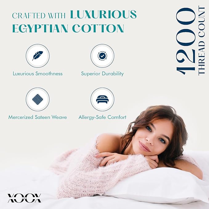 XOOX Linen 100% Egyptian Cotton Pillow Cases King Size Set of 2 - Luxury 1200 Thread Count Sateen White Pillow Covers, Soft & Breathable 5 Star Hotel-Quality Pillowcases, Fits King Size Pillows